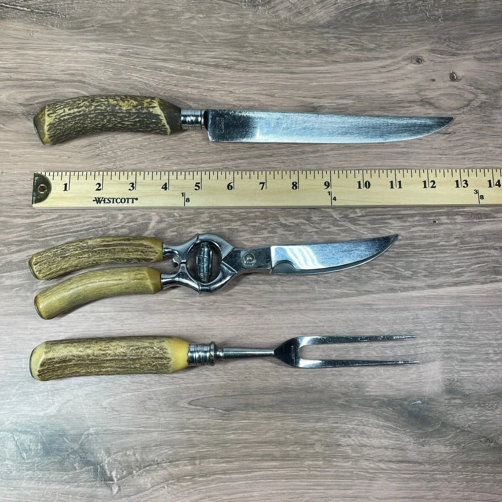 Vintage Boker U.S.A.‎ Stainless Carving Set: Knife, Fork & Chrome Poultry Shears